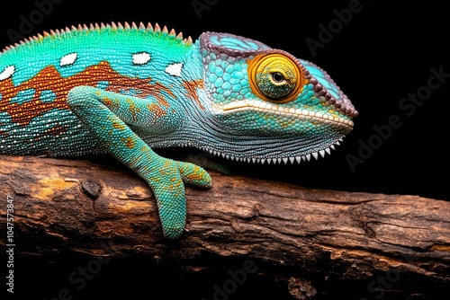 Colorful chameleon perched on a branch showcasing vibrant turquoise and green scales against a dark background