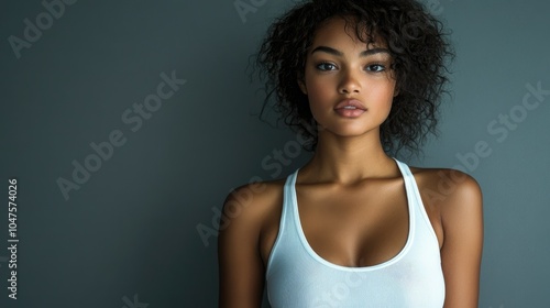 Beautiful woman in white t-shirt Women's breasts dark light background