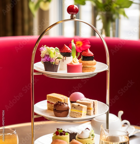 Afternoon tea, English tradition and restaurant service, tea cups, cakes, scones, sanwiches and desserts, holiday table decor and afternoon tea stand with pink flowers, post-processed, generative ai
