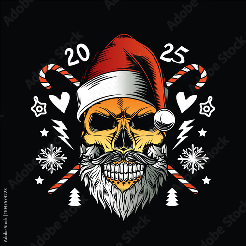 Skull with beard and mustache in Santa Claus hat. Christmas and New Year poster. Original vector illustration in vintage style. T-shirt design.