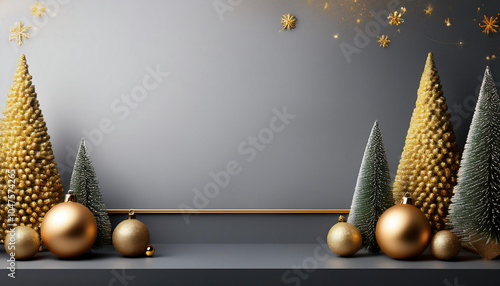 Grey background with golden ornaments and fir trees create a luxurious modern look for invi_1(431) photo