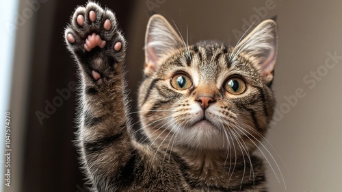 A playful tabby cat raising its paw, showing curiosity and friendliness in a cozy indoor setting during the afternoon