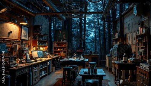 Mysterious workshop in a forest setting