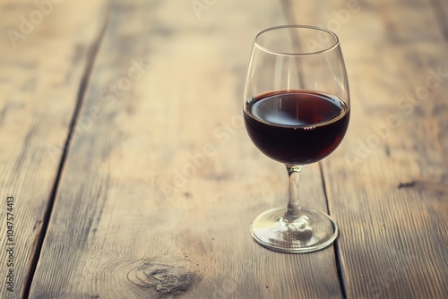 A glass of red wine stands atop a rustic wooden table, invoking warmth and elegance.