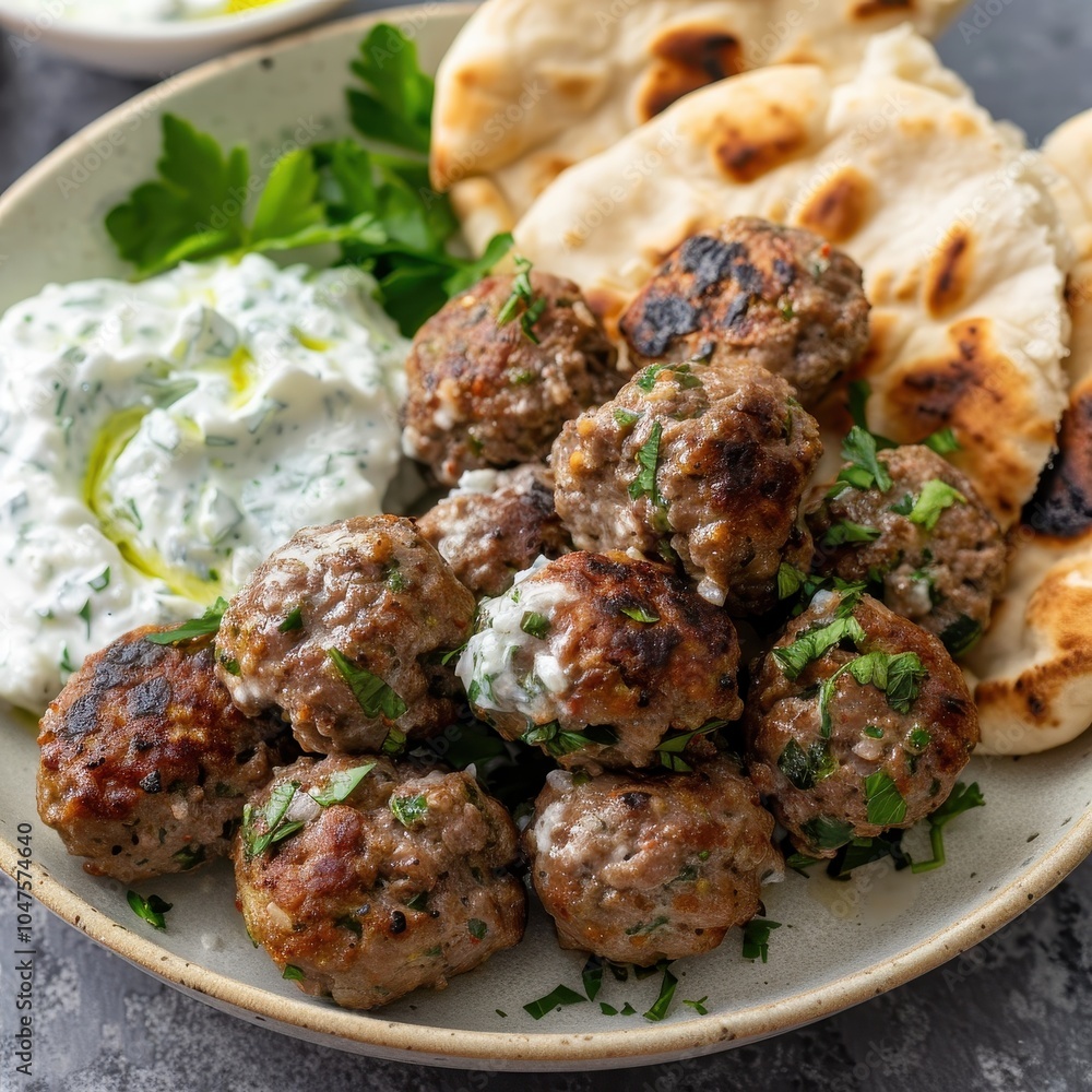 A plate of keftedes, Greek meatballs served with a side of tzatziki and pita bread. A plate of keftedes, Greek meatballs served with a side of tzatziki and pita bread.