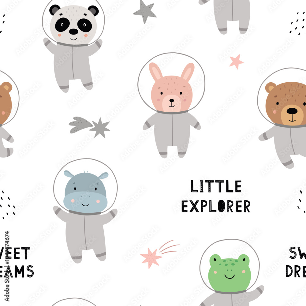 Fototapeta premium Seamless pattern with animals in spacesuits. Cute astronauts - rabbit, hippo, frog, panda, bear. Vector illustration