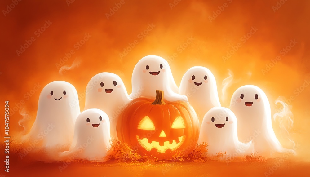 A whimsical gathering of friendly ghosts around a carved pumpkin in a warm orange glow, perfect for Halloween themes. A whimsical gathering of friendly ghosts around a carved pumpkin in a warm orange glow, perfect for Halloween themes.