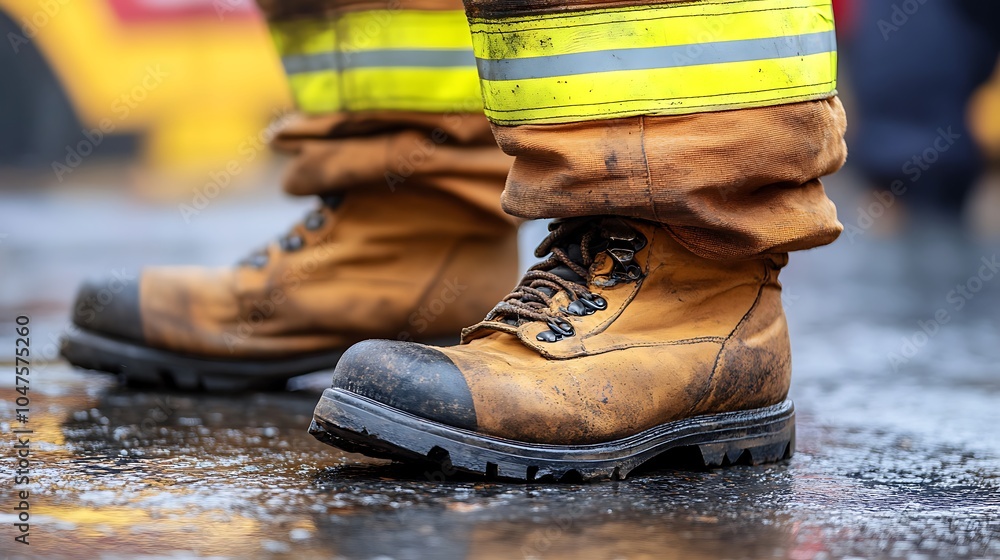 Close-up of Firefighter Boots on Wet Ground Close-up of Firefighter Boots on Wet Ground