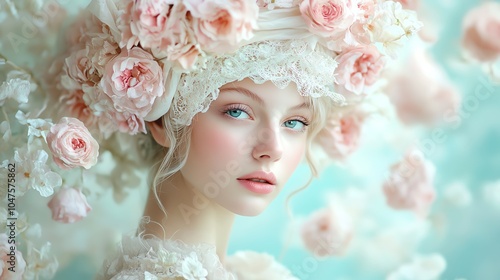 A beautiful woman adorned with a floral headdress, evoking a sense of elegance and ethereal beauty in a dreamy backdrop.