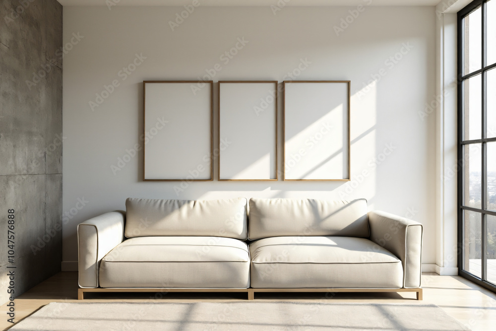 Fototapeta premium sofa sits near stucco wall modern frames minimalist living room design