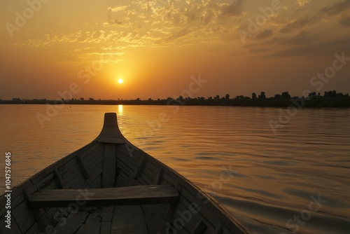 Evening Scene at the Niger River in Bamako, Mali. Sunset Punt Boat in West Africa photo