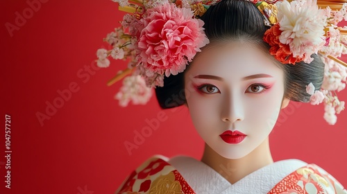 Beautiful geisha portrait featuring vibrant flowers and traditional attire against a striking red backdrop.