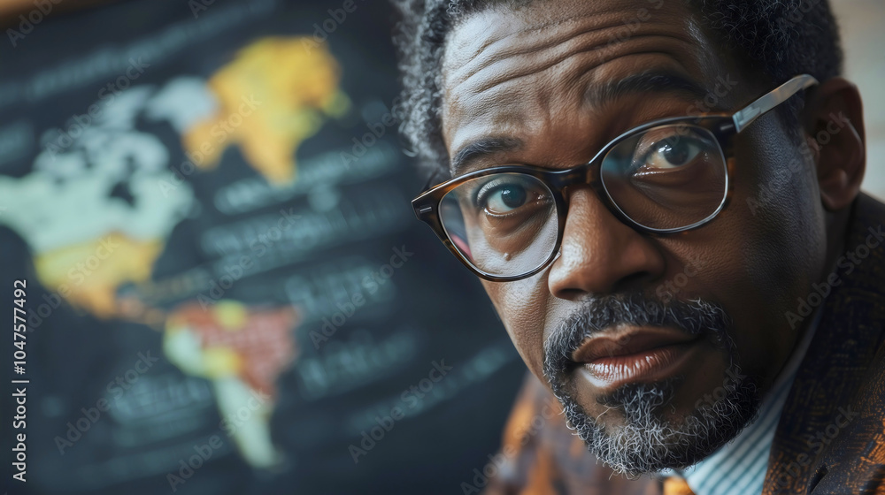 A Black history professor teaching at a nearby school to his students, focusing on American history, with a drawing on the board visible behind him. A Black history professor teaching at a nearby school to his students, focusing on American history, with a drawing on the board visible behind him.