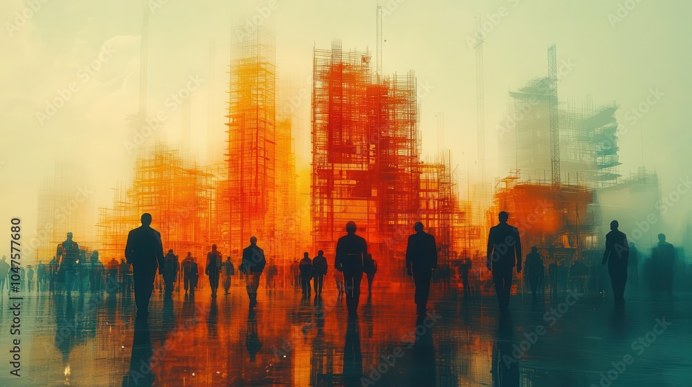digital illustration capturing a bustling construction site with engineers and architects, layered in a double exposure graphic design that showcases their collaboration digital illustration capturing a bustling construction site with engineers and architects, layered in a double exposure graphic design that showcases their collaboration