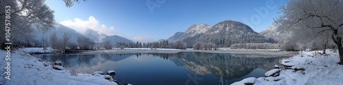 A snow-covered lake with mountains in the background. The sky is clear and blue, and the snow is falling gently. The scene is peaceful and serene, with the snow creating a beautiful