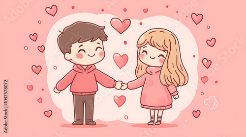 Illustration of a couple holding hands on a pink background with floating pink hearts. Valentine's Day concept.