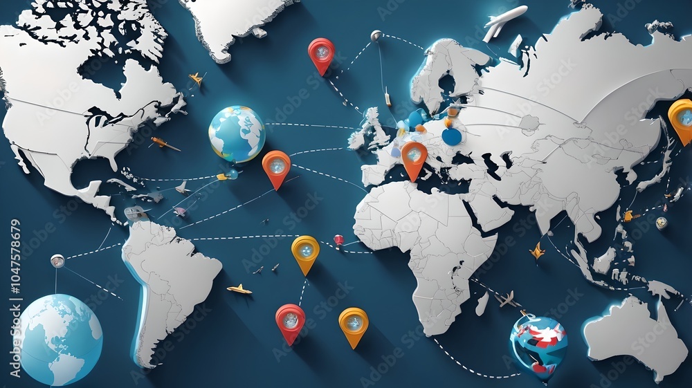 3D web vector illustrations showcasing airplane trips around the world with travel pin locations on a global map 3D web vector illustrations showcasing airplane trips around the world with travel pin locations on a global map