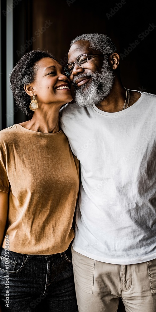 Fototapeta premium A man and woman are hugging each other. The man is wearing a white shirt and the woman is wearing a brown shirt