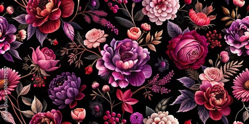 Elegance in Bloom Vibrant Floral Seamless Pattern on Black - Romantic Botanical Design for Fabric, Wallpaper, and Graphic Art