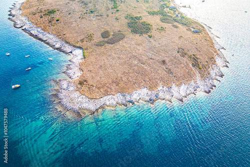 Croatia, Istria, Pula, aerial view to coastline with boats and seaground photo