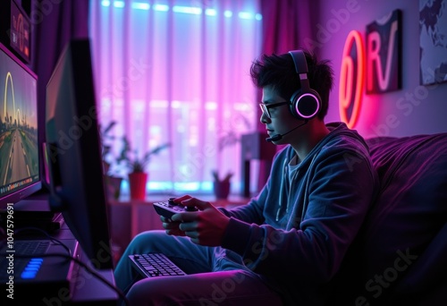 Immersive gaming experience in a neon-infused room