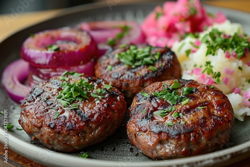 A plate of kotleti, Russian meat patties, served with mashed potatoes and a side of pickled vegetables. photo