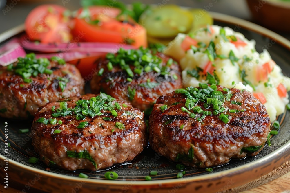 A plate of kotleti, Russian meat patties, served with mashed potatoes and a side of pickled vegetables. A plate of kotleti, Russian meat patties, served with mashed potatoes and a side of pickled vegetables.