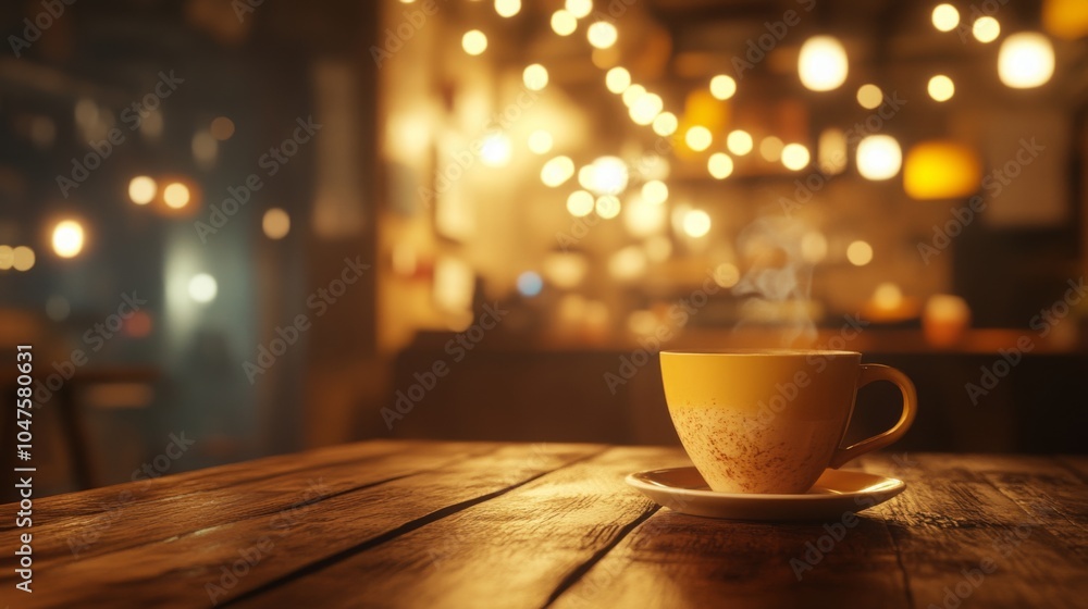 A warm cup of coffee rests on a rustic wooden table in a dimly lit cafe filled with soft glowing lights, creating an inviting atmosphere for evening relaxation and conversation. A warm cup of coffee rests on a rustic wooden table in a dimly lit cafe filled with soft glowing lights, creating an inviting atmosphere for evening relaxation and conversation.