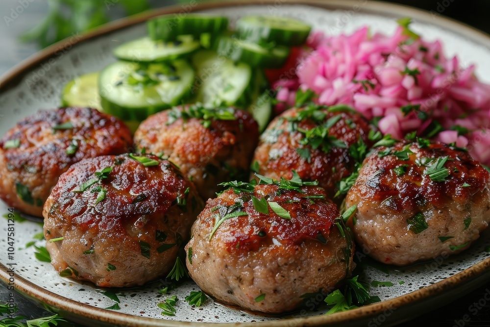 A plate of kotleti, Russian meat patties, served with mashed potatoes and a side of pickled vegetables.