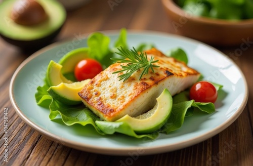 A woman in jeans sits and holds a plate with fresh food avocado, cucumber, spinach, radish, egg, microgreens, seeds. Proper healthy eating, keto diet. Green vegan breakfast. Close-up selective focus