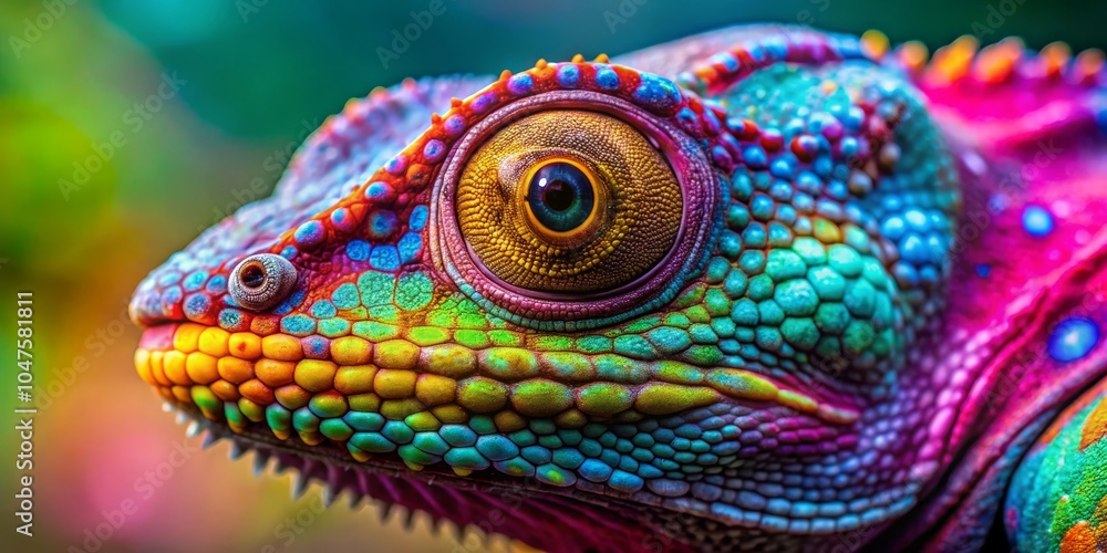 Obraz premium Majestic Chameleon Mesmerizing Close-Up of Colorful Eye and Iridescent Scales in Vibrant Mosaic Pattern on Soft Blurred Background - Awe-Inspiring Wildlife Portrait