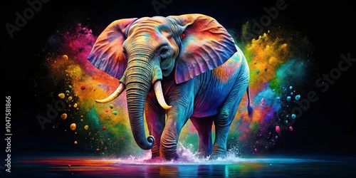 Majestic Elephant Walking Through Colorful Dust Cloud, Vibrant Abstract Pattern, Dramatic Lighting. Nature's Elegance and Power