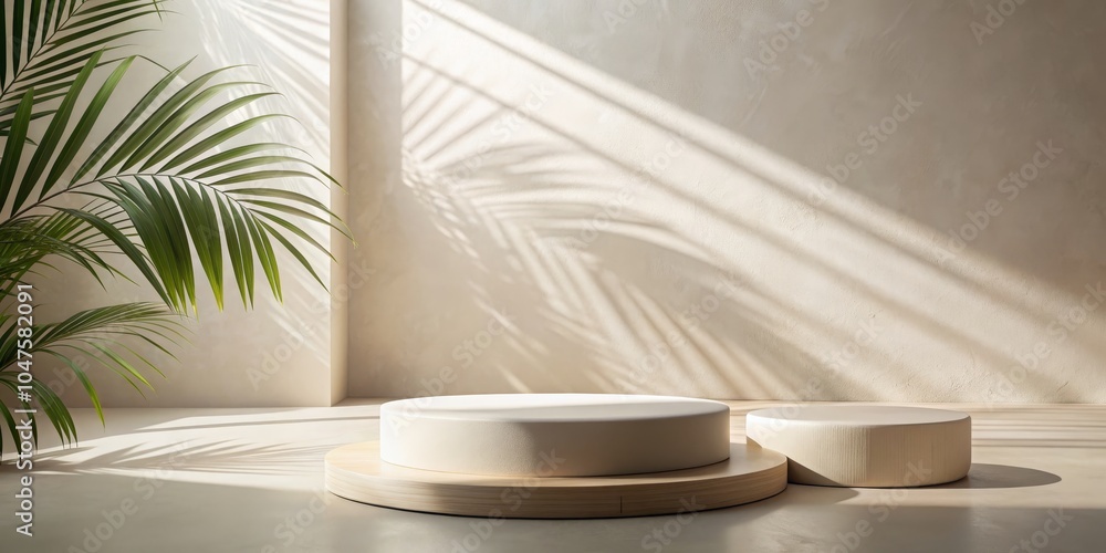 Minimalist Product Display with Palm Leaf Shadow, White and Wood Podium, Mockup, Background, product photography, podium mockup, abstract background Minimalist Product Display with Palm Leaf Shadow, White and Wood Podium, Mockup, Background, product photography, podium mockup, abstract background