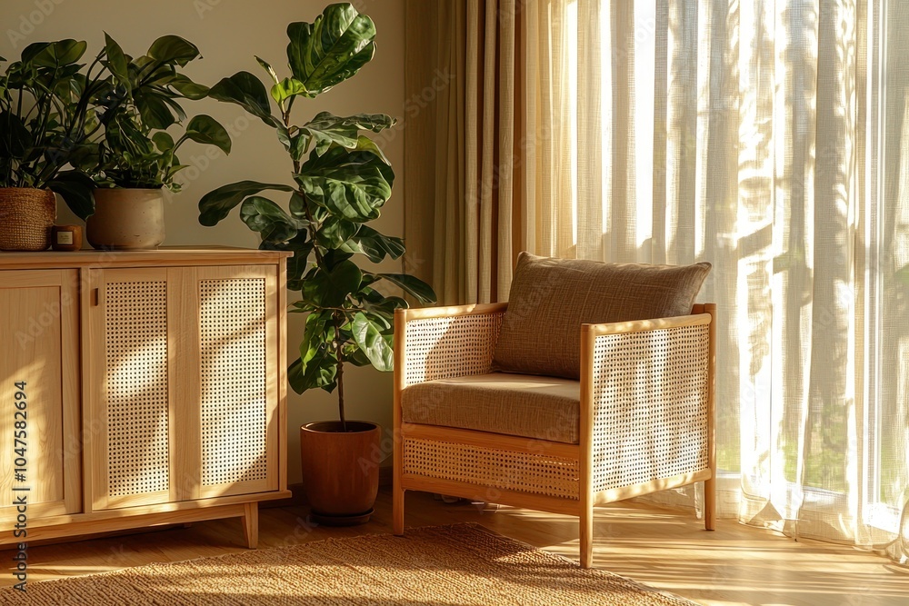 Sunlit Living Room with Wicker Chair and Plants Sunlit Living Room with Wicker Chair and Plants