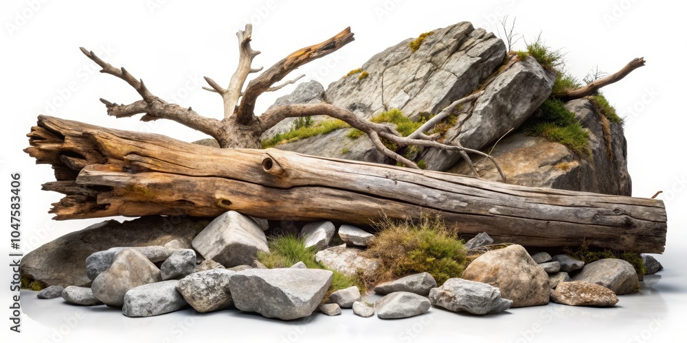 Rustic Tree Branch and Weathered Rocks Against White Background - Tranquil Nature Still Life with Textured Elements, Solitude Mood, Earthy Tones - Ideal for Nature Design Projects Rustic Tree Branch and Weathered Rocks Against White Background - Tranquil Nature Still Life with Textured Elements, Solitude Mood, Earthy Tones - Ideal for Nature Design Projects