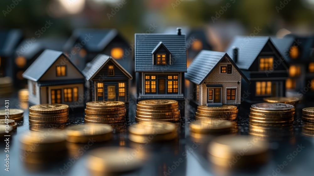 Diverse Investment Opportunities with Stacks of Coins and Modern Buildings Depicting Financial Growth and City Development Diverse Investment Opportunities with Stacks of Coins and Modern Buildings Depicting Financial Growth and City Development