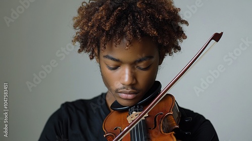 A young violinist practices intently while focused on his instrument in a serene indoor setting, showcasing musical dedication and talent photo