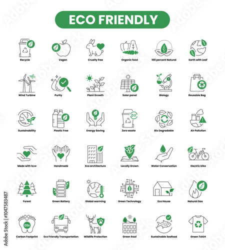 Eco Friendly Icon Set - Color Outline Style. A vibrant and engaging collection ideal for eco-conscious branding, sustainability-focused content, environmental education, product packaging. 