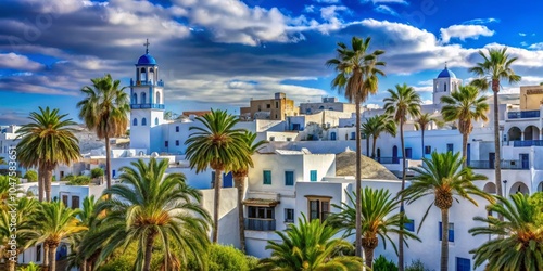 Serene Mediterranean Panorama Sunny Townscape with White Buildings, Palm Trees and Blue Skies, Ideal for Travel Brochures and Wall Art