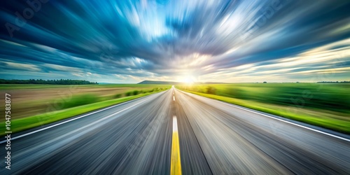 Speeding Through the Horizon Wide-Angle Road Adventure Under Dramatic Sky Vibrant Journey Concept Travel and Freedom Exploration