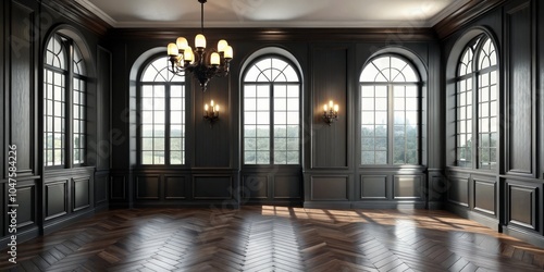 Wallpaper Mural Symmetrical Elegance Luxurious Empty Room with Classical Design, Central Chandelier, and Arched Windows, Evoking Grandeur and Contemplation in a Sophisticated Setting Torontodigital.ca