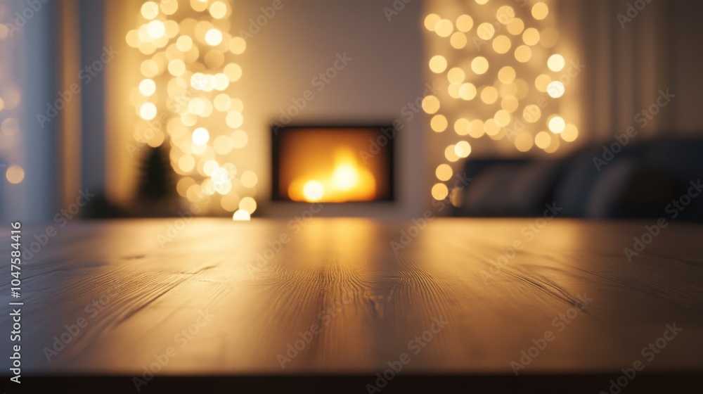 Obraz premium A warm and inviting living space features a glowing fireplace, softly illuminated by twinkling lights.