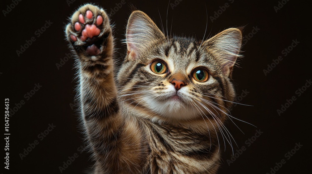 A playful cat raising its paw against a dark background, capturing a moment of curiosity and charm A playful cat raising its paw against a dark background, capturing a moment of curiosity and charm