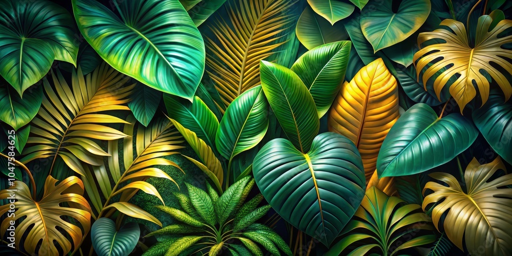 Tropical Leaves Collage - Lush Greens and Golden Hues, Jungle, Tropical Tropical Leaves Collage - Lush Greens and Golden Hues, Jungle, Tropical