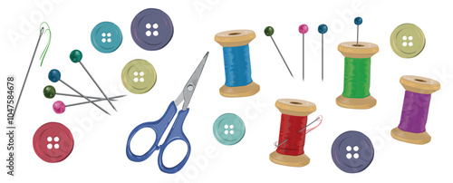 Sewing tools 3d realistic set. Bundle of thimble, needles, pins, thread in reels, scissors, buttons, yarn and other isolated elements. Vector illustration.