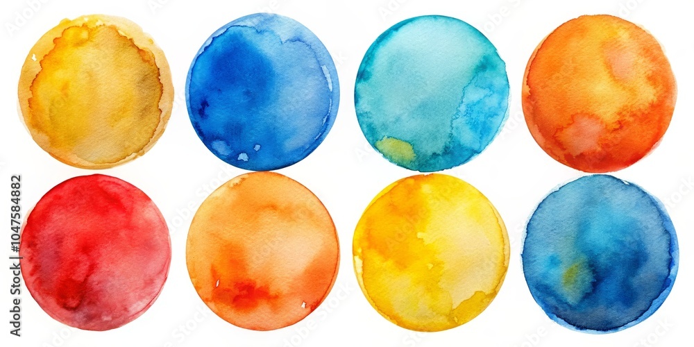 Vibrant Watercolor Circles Captivating Abstract Art Composition in Vivid Hues on White Background - Serene Aesthetic Inspiration for Design, Print, and Decor Vibrant Watercolor Circles Captivating Abstract Art Composition in Vivid Hues on White Background - Serene Aesthetic Inspiration for Design, Print, and Decor