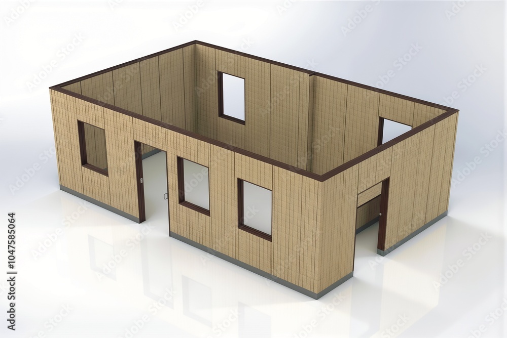 A 3D model of a quaint wooden house with a door and windows A 3D model of a quaint wooden house with a door and windows
