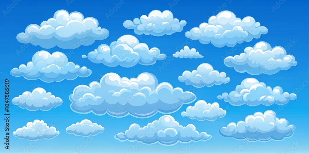Whimsical Cartoon Cloudscape on Bright Blue Sky Playful Sunny Day Background for Graphic Design and Education Whimsical Cartoon Cloudscape on Bright Blue Sky Playful Sunny Day Background for Graphic Design and Education