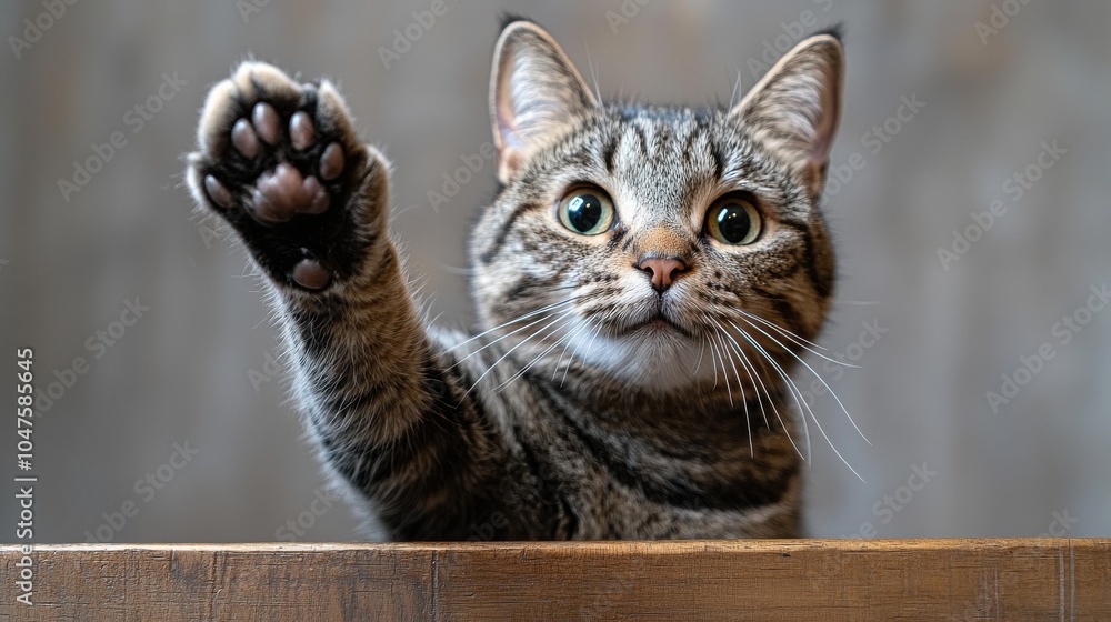 Playful tabby cat waving its paw in an indoor setting, capturing a moment of curiosity and charm Playful tabby cat waving its paw in an indoor setting, capturing a moment of curiosity and charm