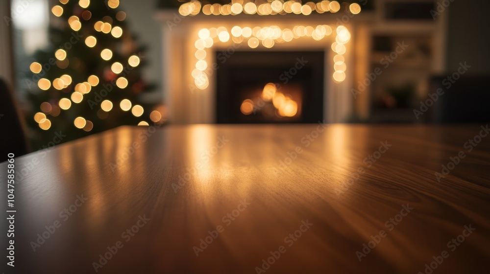 Obraz premium A wooden table is in the foreground, with a fireplace and a Christmas tree blurred in the background. The fireplace has a fire burning inside, and the Christmas tree is decorated with lights.